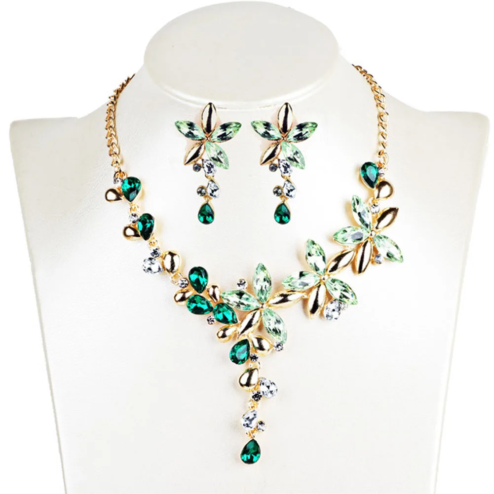 

Womens Short Collar Necklaces Jewelry Color Crystal Five leaves Flowers Rhinestone Statement Gothic Necklace Earring Jewelry Set