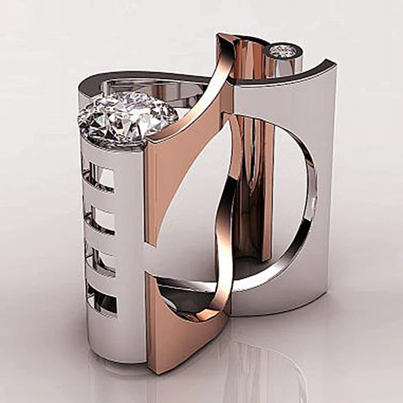 Лидер продаж, модное двухцветное кольцо с геометрическим узором, серебро и розовое золото, стразы, Женские Двухцветные обручальные кольца в форме сердца Z5M295