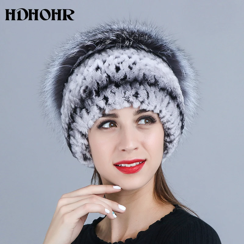 HDHOHR Новые шапки из натурального меха, натуральная шапка из меха кролика Рекс, мех серебристой лисы, шапки бини, женские зимние толстые теплые головные уборы