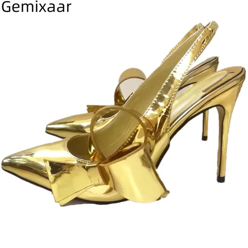 

Slim Shallow Decor Bow-know Shoes Woman Point Toe Narrow Slip On High Stiletto Heels Sandals Gold Silver Color Woman Sandals