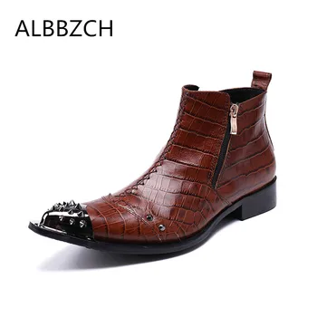

New mens embosssed leather boots men luxury rivets metal pointed toe ankle boots man western style work boots big yards 44 45 46