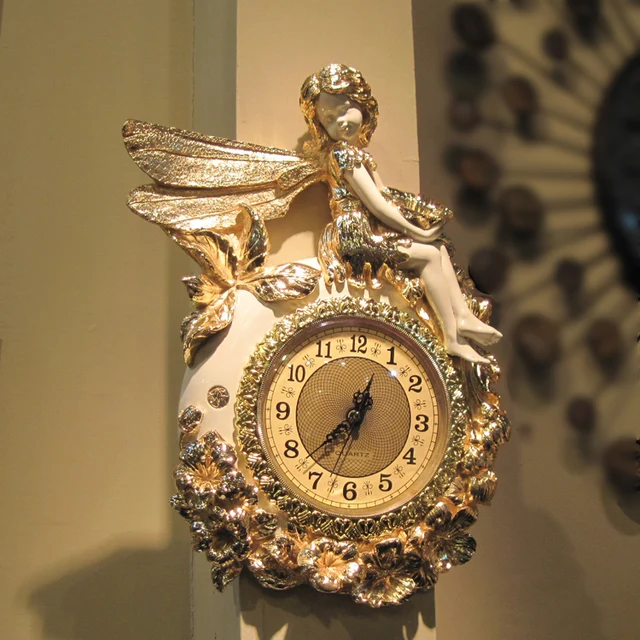 Large Luxury Angel Wall Clock Gold Planted Golden Color Floral Fairy