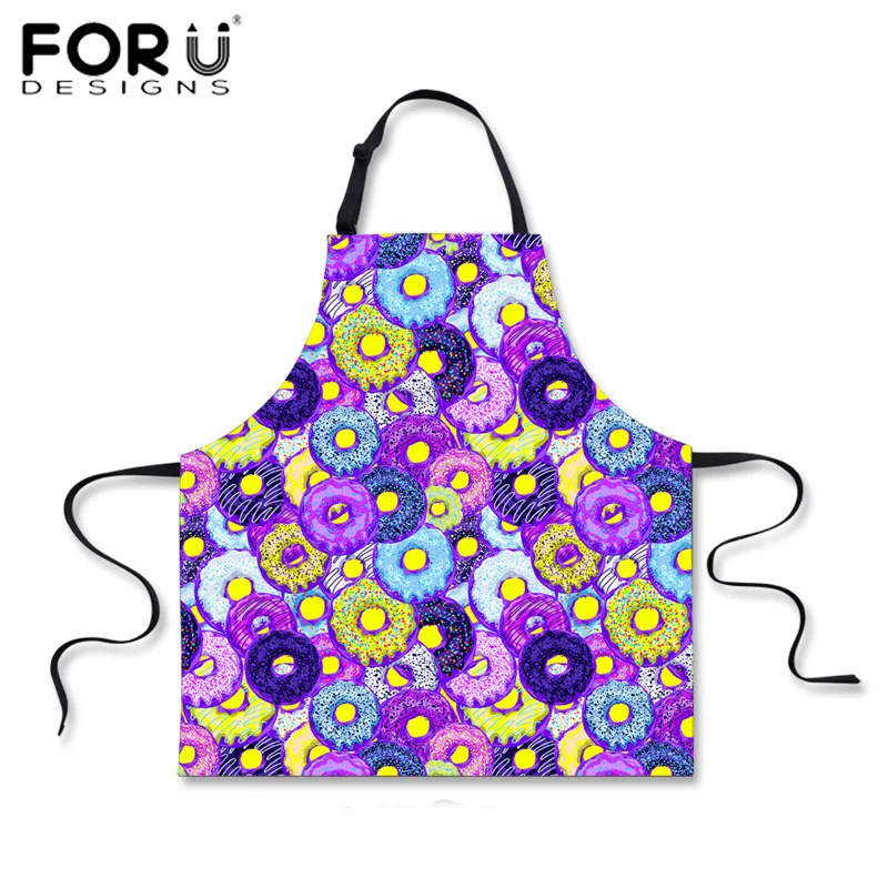 FORUDESIGNS Funny Donuts Colorful Print Women Kitchen Aprons Chef Cooking Apron For Men Adult Adjustable Tablier Cuisine Aprons
