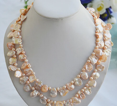 

huij 0033133 2row 15mm pink BAROQUE lamina KESHI REBORN PEARL NECKLACE