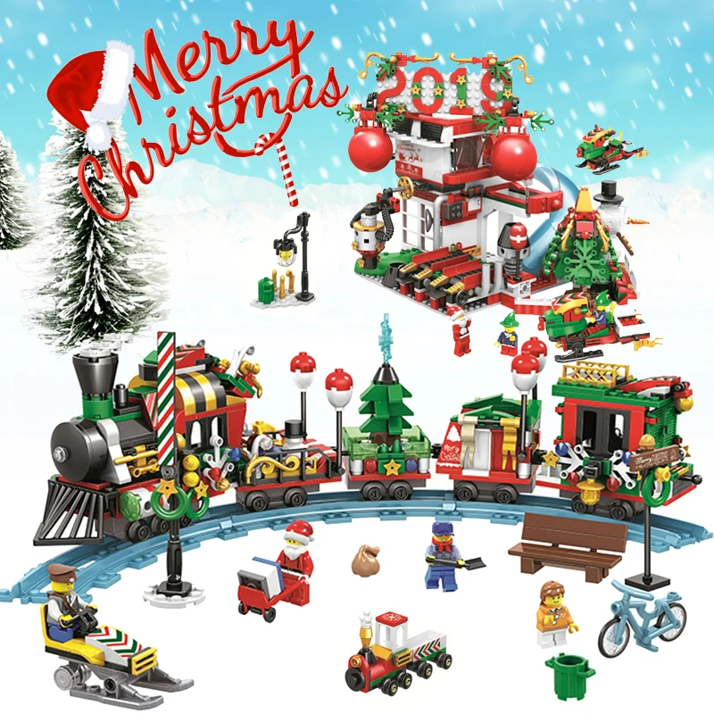 

Compatible Legoinglys Creators the New Christmas Winter Train Set 10254 Snowmobile Slide Park Building Blocks Children Gift