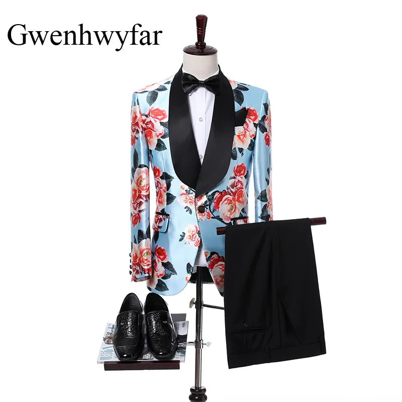 

2018 Men Suit Floral Jacquard Blue Wedding Suits For Men Black Shawl Lapel 2 Pieces Sets Slim Fit Party Tuxedos (Jacket+Pants)