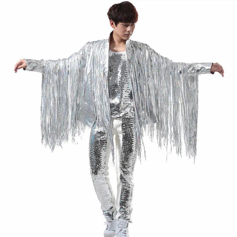 

Men's Suit Silver Sequins Tassels Leather Jacket Vest Pants 3 Piece Set Tide Male Singer Nightclub Rock Punk Performance Costume