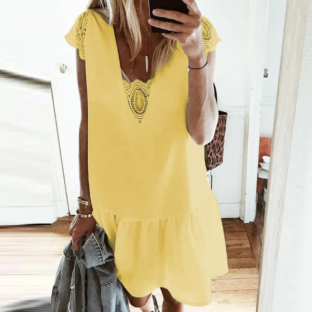 

Vintage Lace Dress Women Summer Dreses Short Sleeve Deep V-Neck Beach Dress New Style Retro Straight Mini Dresses kleider 4EM