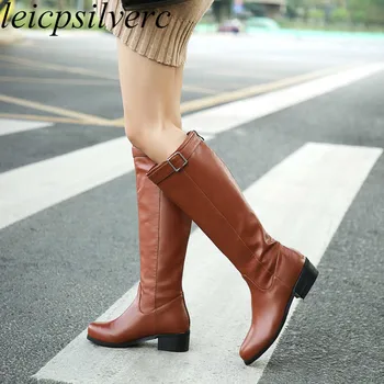 

Women Boots Autumn Winter Med Heel Warm Pu Knee High Round Toe Motorcycle Shoes 2018 Sexy Fashion Casual Black Brown Size 34-46