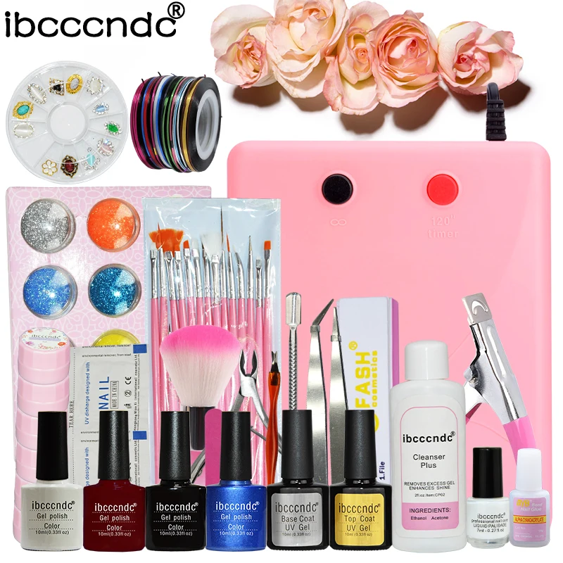 

IBCCCNDC Nail Art Set Kit 4 Color 10ml Gel Polish 36W UV Lamp Base and Top Flower Gel Peel Off Liquid with Nail Brushes Set Man