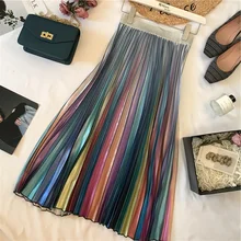 Новая мода весна Женская Ретро Радуга Цвет Градиент атласная плиссированная юбка Дамы высокая Талия Длинные плиссированные юбки