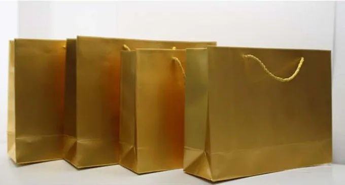 100 шт/партия Золотая бумага сумка/Золотая бумага подарочная сумка хозяйственная сумка для праздничный свадебный подарок печать логотип