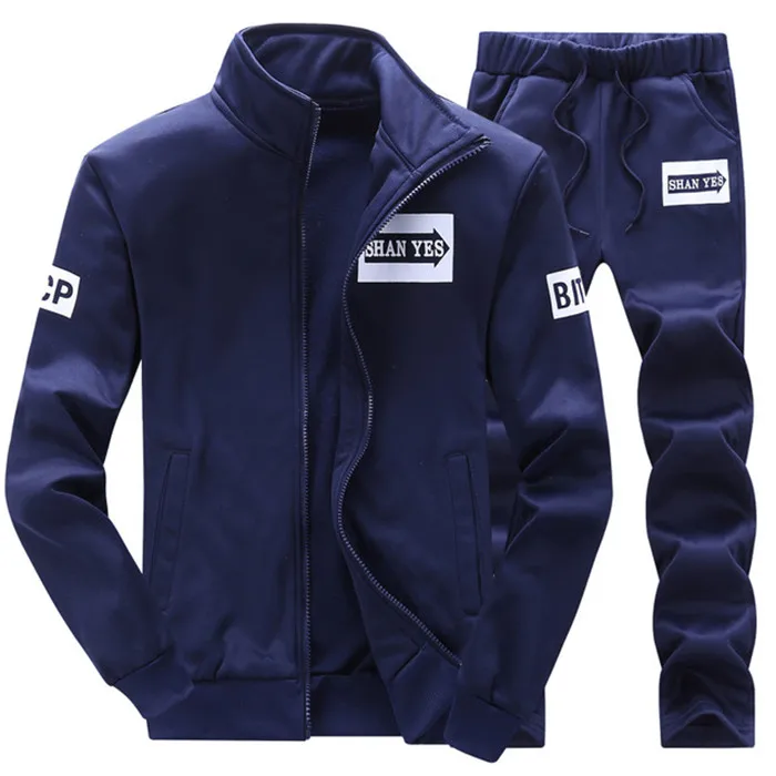 Casual Tracksuit Men Sweatshirts Slim Men Set Pants Suits Solid Long Sleeved Male Clothing Hoodie+Pants Men Sportswear - Цвет: 22 Navy Suit