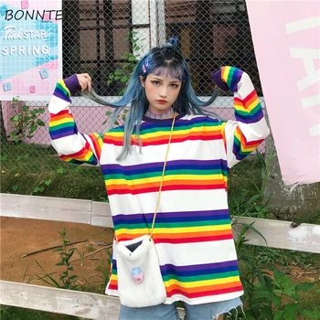 

T-shirts Women Loose Colorful Rainbow Striped Students Leisure Long Sleeve T-shirt Simple Korean Style All-match Womens Trendy