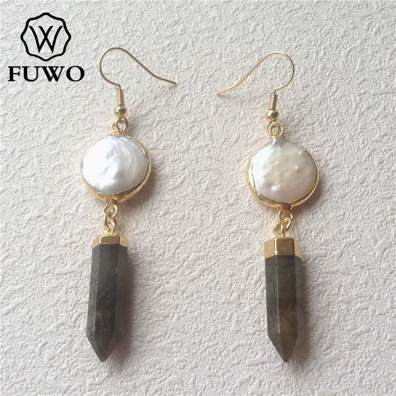 

FUWO Fashion Freshwater Pearl Labradorite Earrings With Golden Filled Raw Stone Drop Earrings Bohemia Jewelry Wholesale ER520