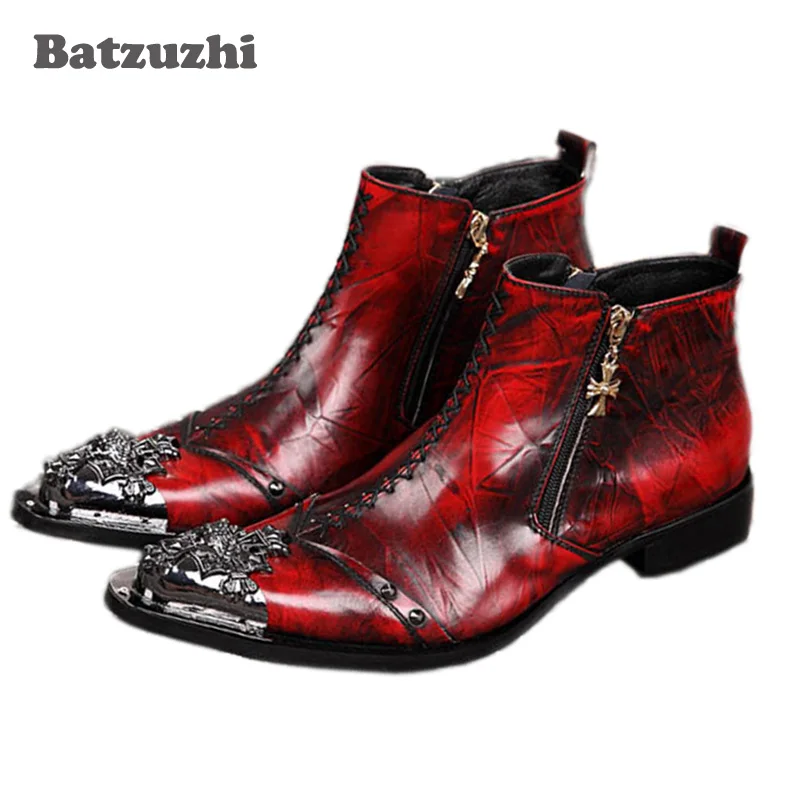 

Batzuzhi Italian Style Men Shoes Metal Toe Ankle Boots Men Luxury Wine Red Gneuine Leather Party, Wedding, Runway Short Boots