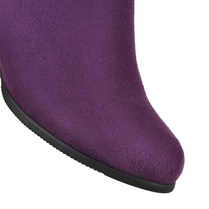 Фиолетовые, зеленые, черные зимние женские сапоги до колена удобные модные женские сапоги на среднем квадратном каблуке осенние сапоги из флока на молнии