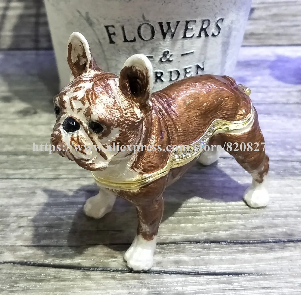 Czech Crystals French Bulldog Trinket Box French Bulldog Shape Hand Printed Metal Trinket Box Jewelry Wedding Ring Holder