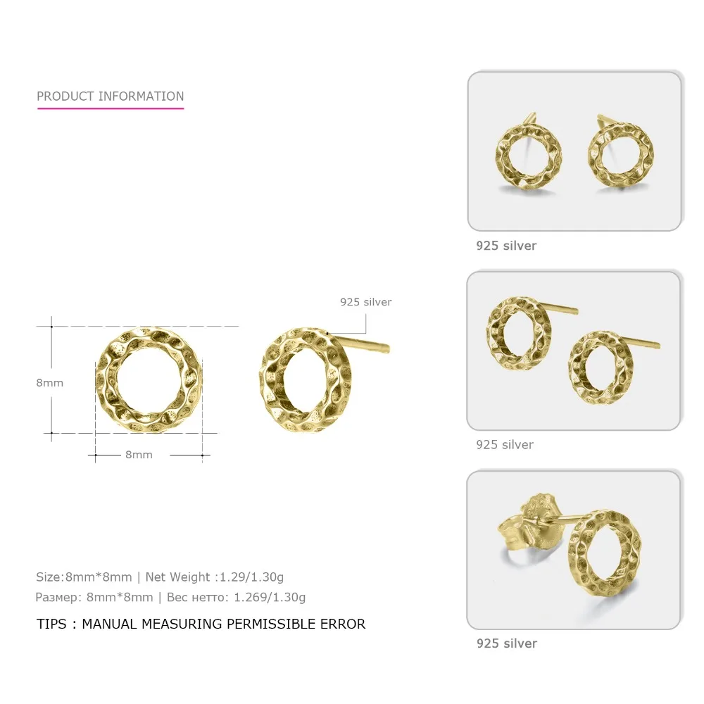 e-Manco Simple 925 Sterling Silver Round Stud Earrings for Women Uneven Circle Earrings New Two Geometric Fine Jewelry