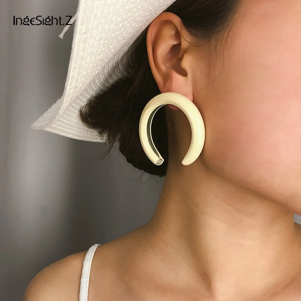 

IngeSight.Z 7 Colors Punk Exaggerated Big Half Moon Stud Earrings Statement Thick Tube Earrings for Women Female Jewelry Brincos