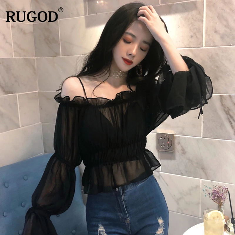 

RUGOD Sexy A Word Shoulder Trumpet Sleeves Women Blouse 2018 New Female Fashion Long Sleeve Sun Protective Clothing Girls Tops