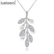 LUOTEEMI Women Casual Modern Marquise Cuting Zircon With Created Waterdrop Pearls Conected Leaf Shape Pendant Necklace