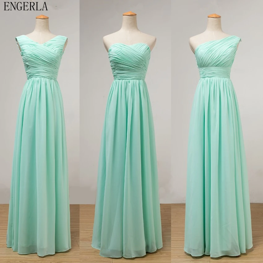 ENGERLA Mint Green Long Chiffon A Line Bridesmaid Dress Under 50 Pleated Wedding Party Dress