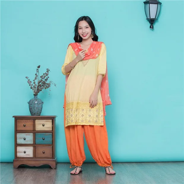 Женские Модные Этнические стили наборы печати хлопок индийское платье леди три четверти рукав топ и брюки
