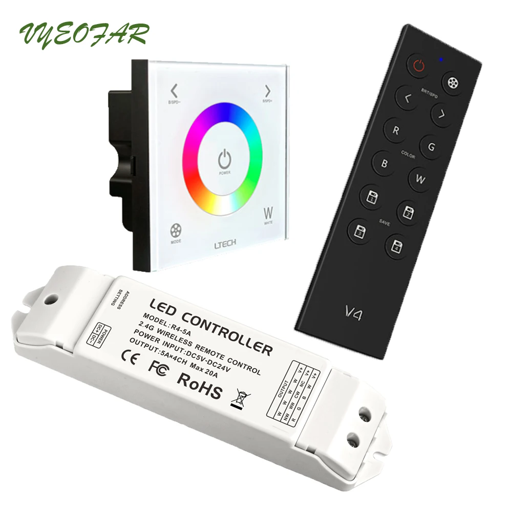 

Ltech AC110V-240V DX4 Touch Panel RGBW Controller 2.4G RF+DMX512 V4 RF Remote LED Controller DMX512 Output R4-5A R4-CC Receiver