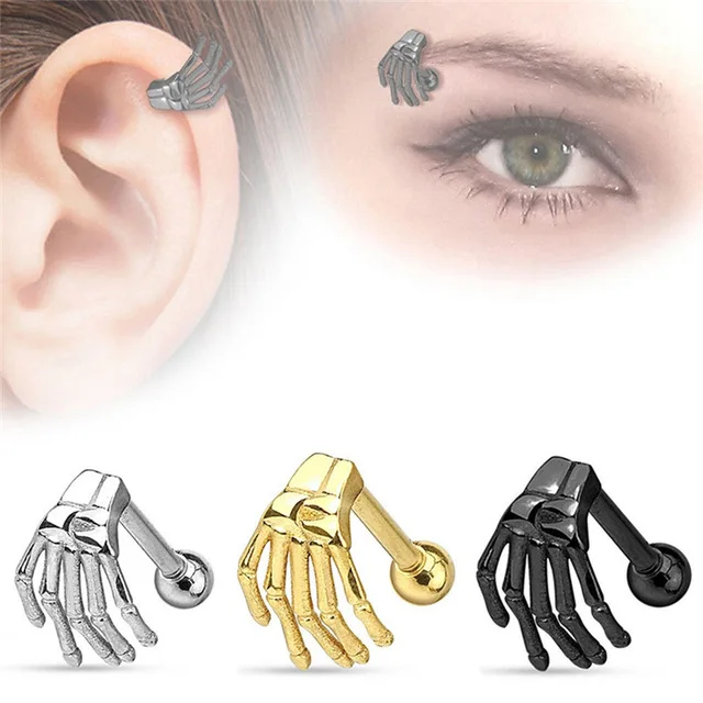 

MODRSA 1pc Black/Gold/Silver Stainless Steel Helix Piercing Ring Punk Eyebrow Ear Piercing Ghost Hand Claw Earrings Body Jewelry