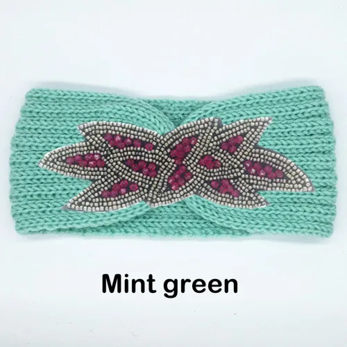 Зимний вязаный шерстяной женский фиолетовый вышитый бисером теплый Тюрбан повязка на голову держатели головных уборов вечерние аксессуары для волос для девочек - Цвет: Mint green