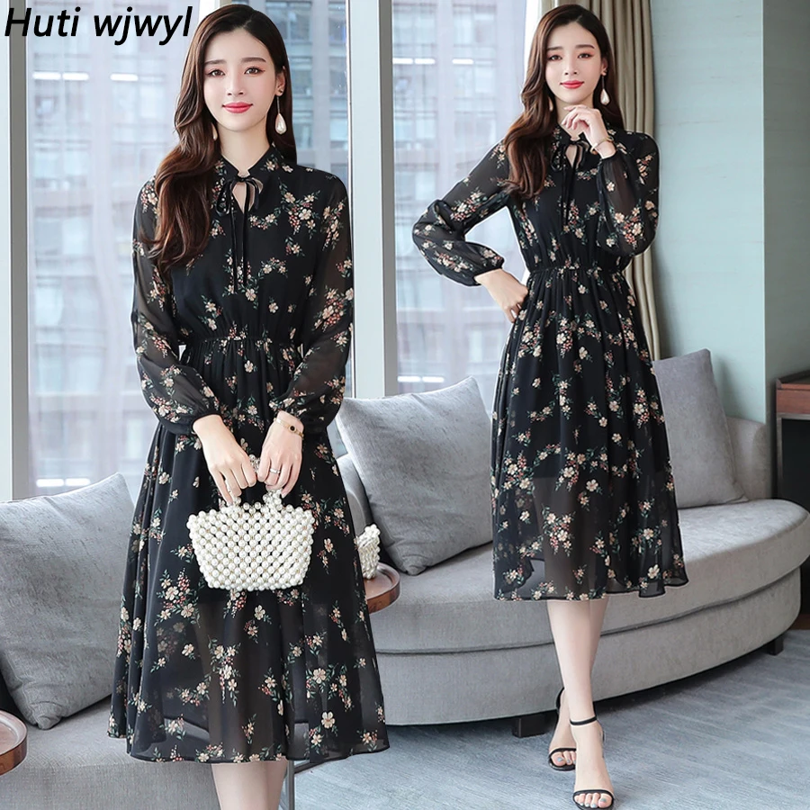 

2019 Vintage Black Floral Chiffon Midi Dresses Autumn Winter Print Long Sleeve Beach Dress Elegant Women Bodycon Party Vestidos