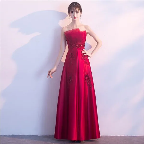 wine red long Новое короткое вечернее платье атласное без бретелек А-силуэта с аппликацией темно-синего цвета Vestidos Cerimonia Формальные платья выпускное платье купить Китай прямые - Цвет: wine red long