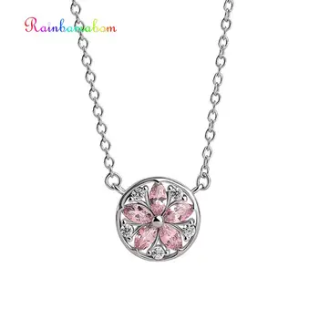 

Rainbamabom Real 925 Solid Sterling Silver Pink Sapphire Flower White Gold Round Pendant Necklace Jewelry Women Gifts Wholesale