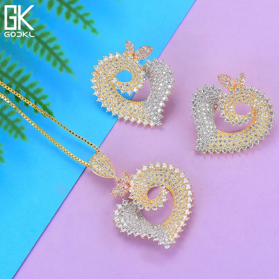 GODKI Luxury Heart Necklace Earring Sets Cubic Zircon Crystal CZ Jewelry Set For Women Wedding Indian Dubai Bridal Jewelry Sets