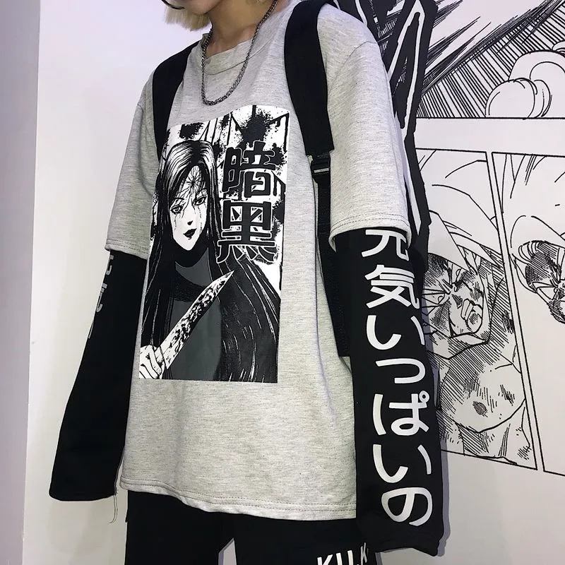 Neploe буквы Готический мультфильм печати женские футболки с длинным рукавом хип-хоп Топ Весна Harajuku уличная одежда шикарные футболки 69453