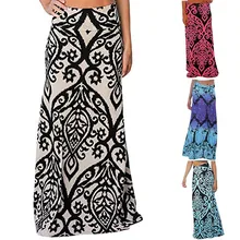 Ladies Printed Empire Floor-Length Skirt Fashion Womens Vintage Casual Coral Print High Waist Skater Skirt Long Maxi Skirt#C