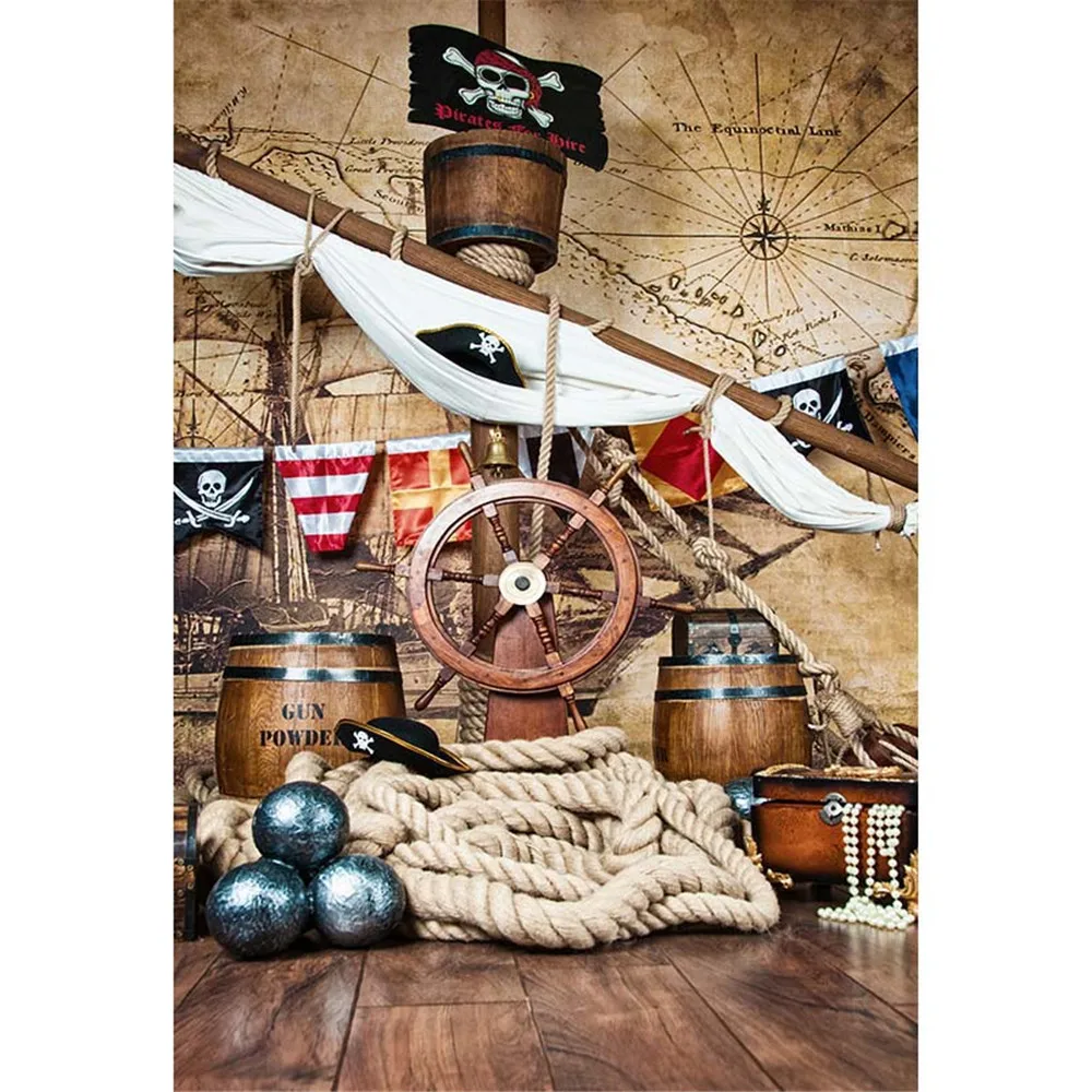 

Pirate Ship Backgrounds for Photo Studio Wooden Deck Steering Wheel Flag Vintage Map Wall Baby Newborn Kids Photography Backdrop