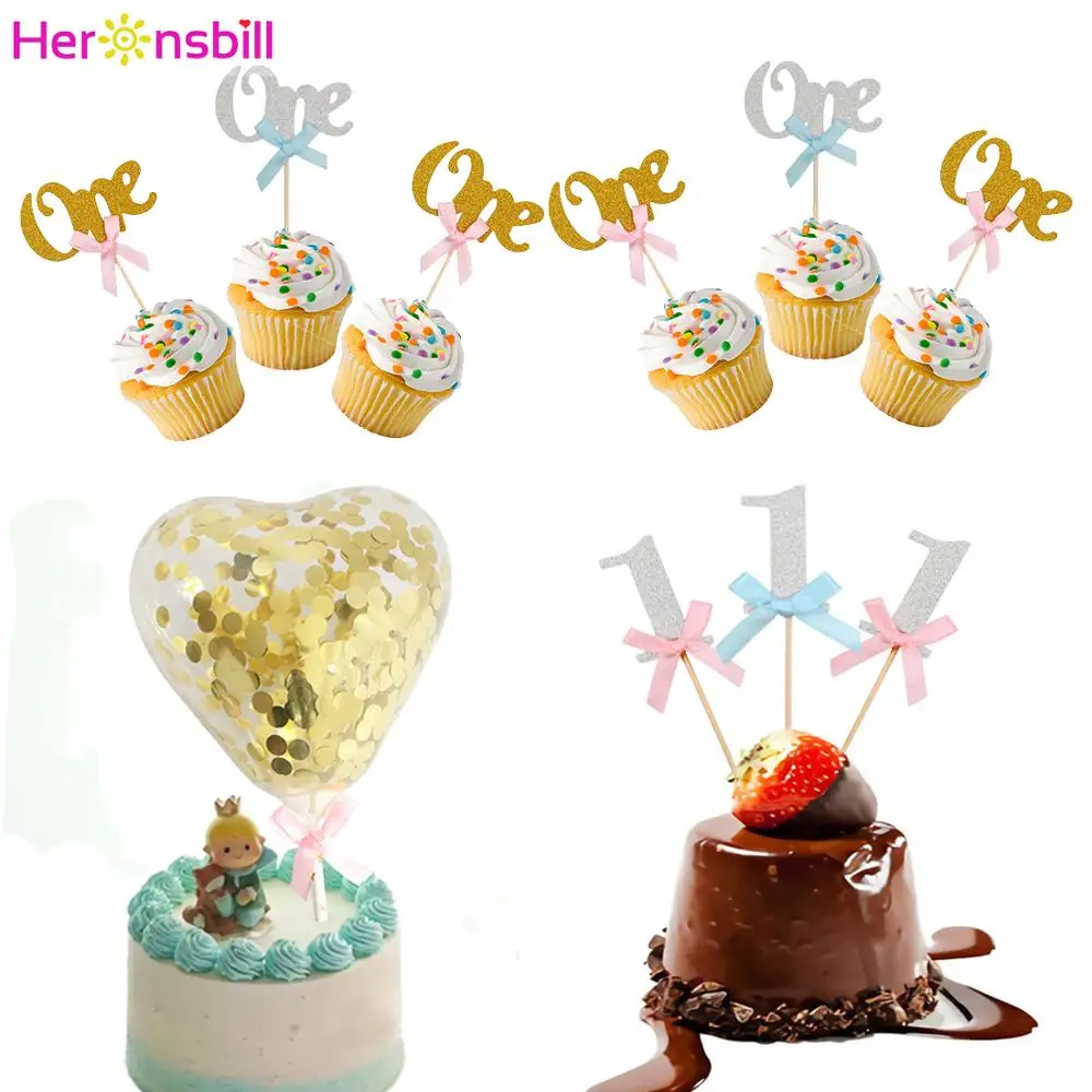 

Heronsbil 10Pcs First Birthday Glitter Paper 1 Cupcake Toppers 1st Birthday Party Decorations My One Year Baby Boy Girl Supplies