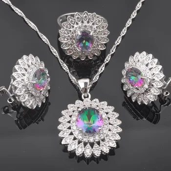 

Russian Style Rainbow Zirconia Flower Silver Color Jewelry Sets For Women Party Jewellry Earrings Pendant Necklace Rings QS0578
