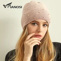 VIANOSI Knitted Winter Hat Women Thick Female Beanies Warm Cap Rhinestone Pearl Wool Hats for Women 1