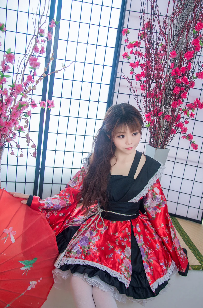 Шанхай история аниме костюмы для косплея с цветочным принтом кружево край кимоно юката платье горничной Meidofuku форма наряд