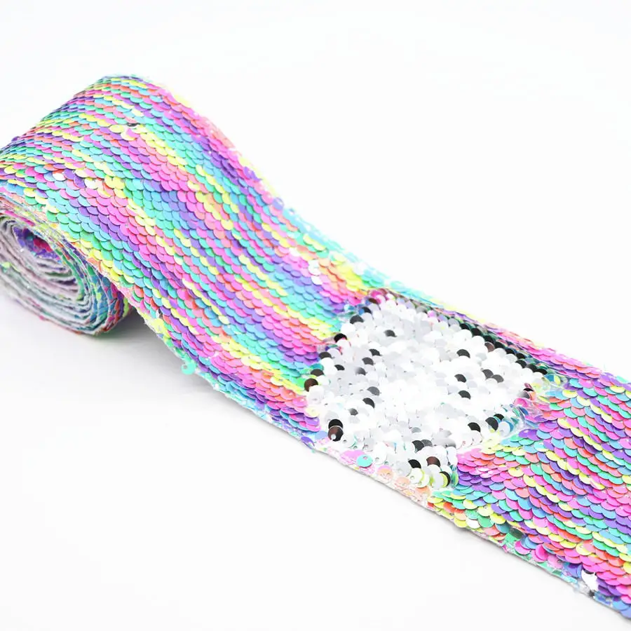 2Yard 3" 75mm Double Color Reversible Sequin Ribbon DIY Hair Bows Blingbling Handmade Materials,MD19052602 - Цвет: Neon rainbow Silver