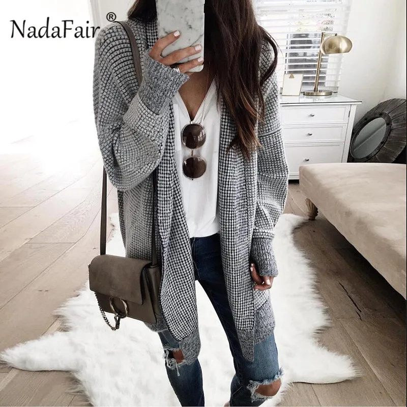 Comprar Nadafair cárdigan largo de gran tamaño para mujer Vintage Plaid invierno tejido cárdigan suéter femenino Casual otoño abrigo prendas de vestir