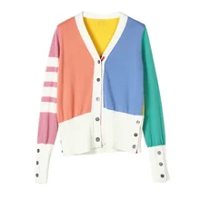 Elastic knit patchwork singel breasted cardigans sweater coats 2018 new long sleeve v-neck women top coats