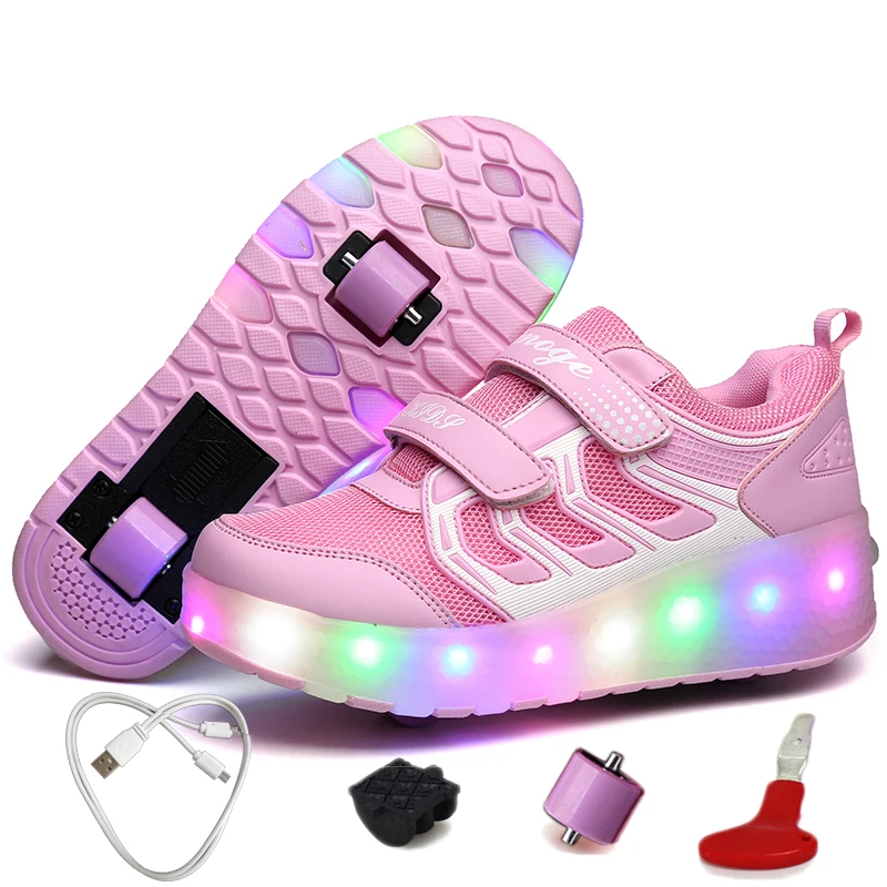 

USB Charging Illuminating Rollers Sneakers Kids Shoes for Girl Sneakers Breathable Roller Skates Sneakers with Two Wheels