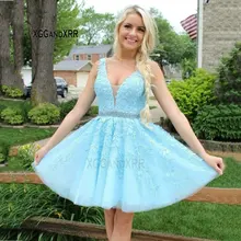 Сексуальные Небесно голубые шорты с v-образным вырезом платье для выпускного с аппликацией из бисера Пояс платье для выпускного вечера милые Выпускные платья с открытой спиной Вечерние платья