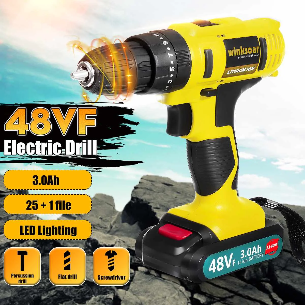 

48V Electric Drill Cordless Li-ion Battery Mini Drill Cordless Screwdriver Wireless Rechargeable 3 Function Power Tools for DIY