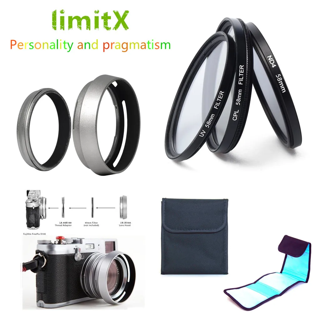 

limitX Accessories Bundle UV CPL ND4 Filter & Case / LH-X100 Lens Hood for Fujifilm X70 X100 X100S X100T X100F Digital Camera