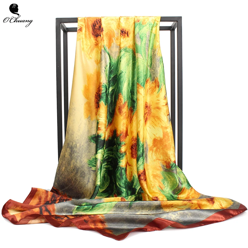 Satin Silk Scarf Women Flower Print Hijab Kerchief Square Hair / Head Scarves Luxury Brand Foulards Femme Bandanas 90*90CM